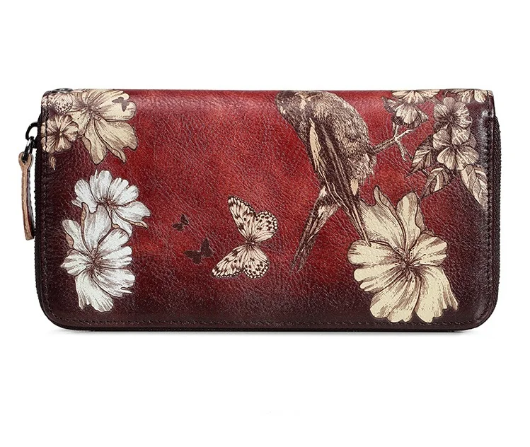 

Genuine leather long purse zip embroider wallet for women