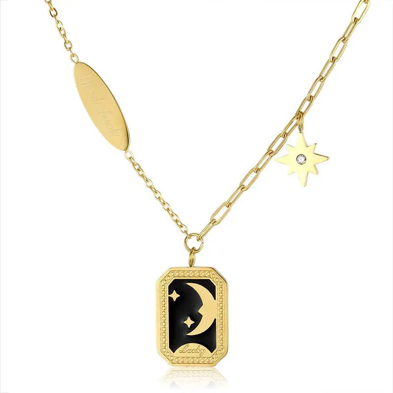 

Retro Star Moon Myth Epoxy Black Enamel Necklace Clavicle Chain Goodluck Titanium Steel Gold Plated New Jewelry