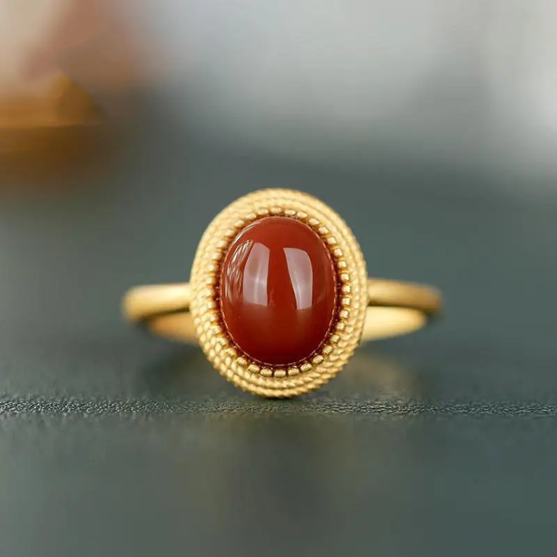 

HML& Designer original New inlaid natural egg round chalcedony opening adjustable ring retro palace style ladies jewelry