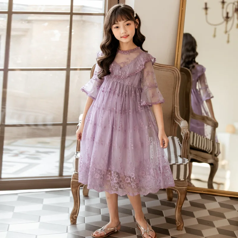 Princess Purple Lace Long Dress for Big Girl New 2020 Summer INS Girls Clothing 4 6 8 10 12 14 years white party dress o school | Детская