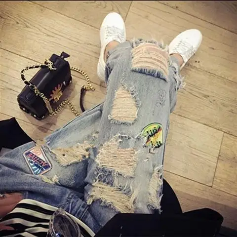

2020 Summer Big Hole Ankle Length Pants Women Destroyed Jeans Blue Patches Jean Plus Size 4XL 5XL Casual Loose Trousers