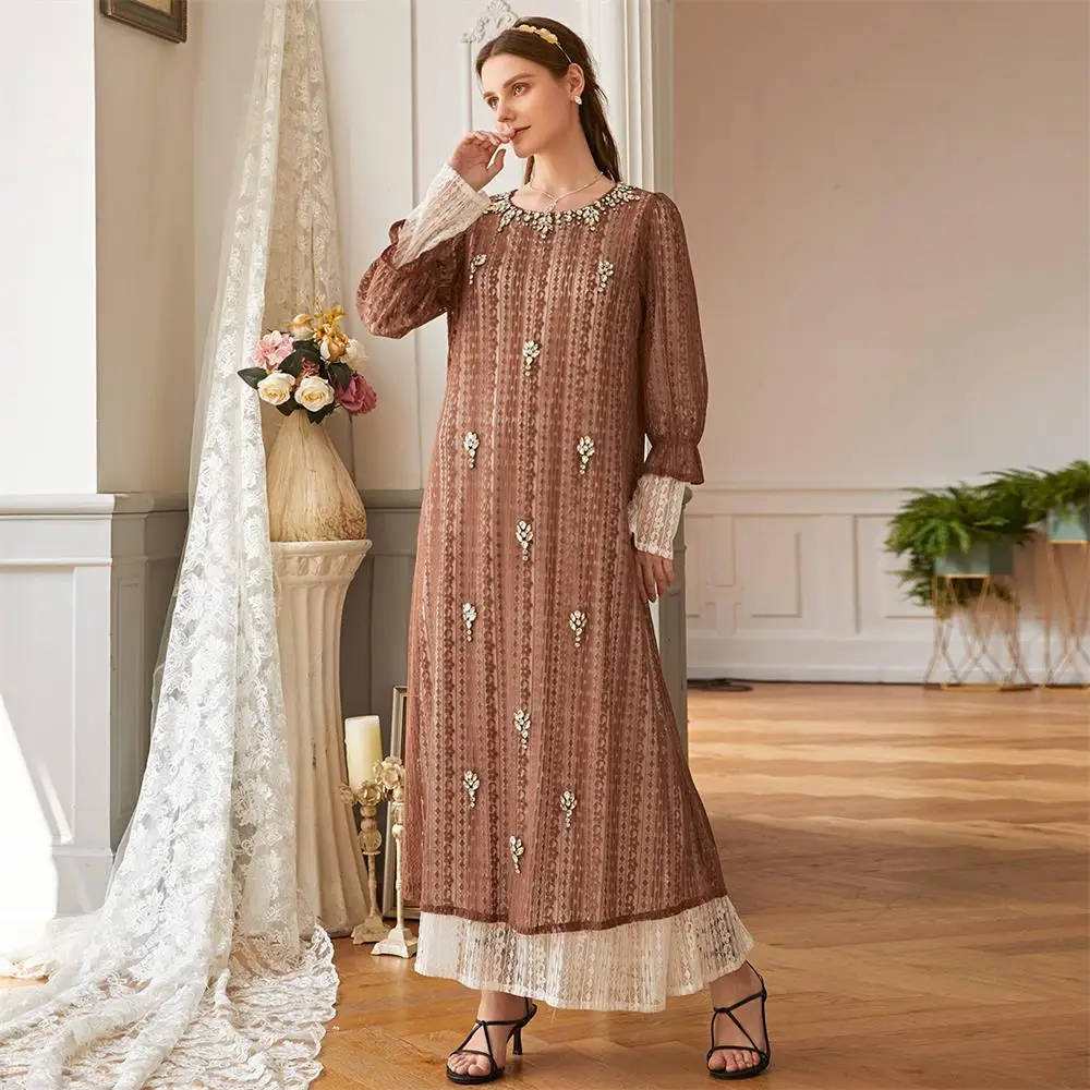 

Luxury Rhinestone Lace Long Dress Muslim Vintage Ethnic Princess Dresses kaftan Dubai Arabic Turkey islamic Clothing winter 2020