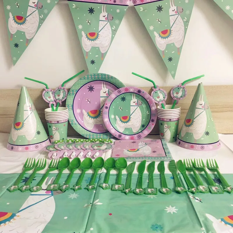 Мультяшная лама альпака товары вечерние наборы одноразовой посуды детские