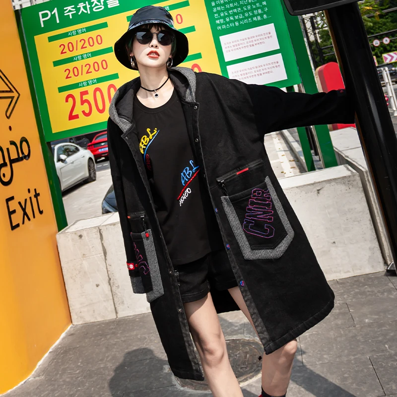 Женское джинсовое пальто Max LuLu Черное длинное с капюшоном в Корейском стиле