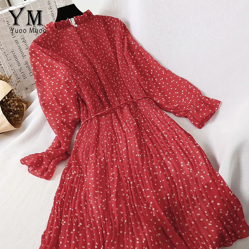 YuooMuoo Korean Flower Print Ruffled Chiffon Dress 2019 Long Sleeve Autumn Women Midi Pleated Fashion Red Festival | Женская одежда