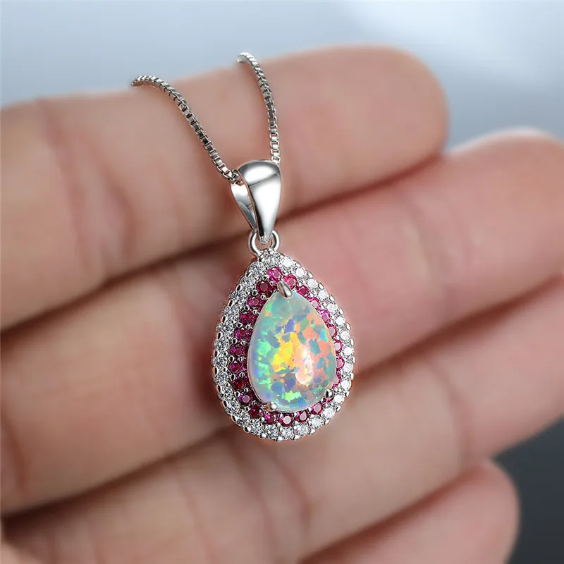 Ожерелье с подвеской в виде капли воды белым огненным опалом маленькое ожерелье