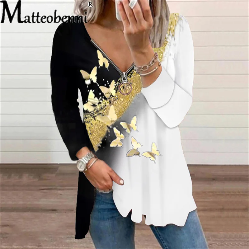 Купи Butterfly Print Zipper V-Neck T-Shirt Women 2021 Autumn Fashion Long Sleeve Gradient Tops Ladies Casual T Shirt Blouse за 547 рублей в магазине AliExpress