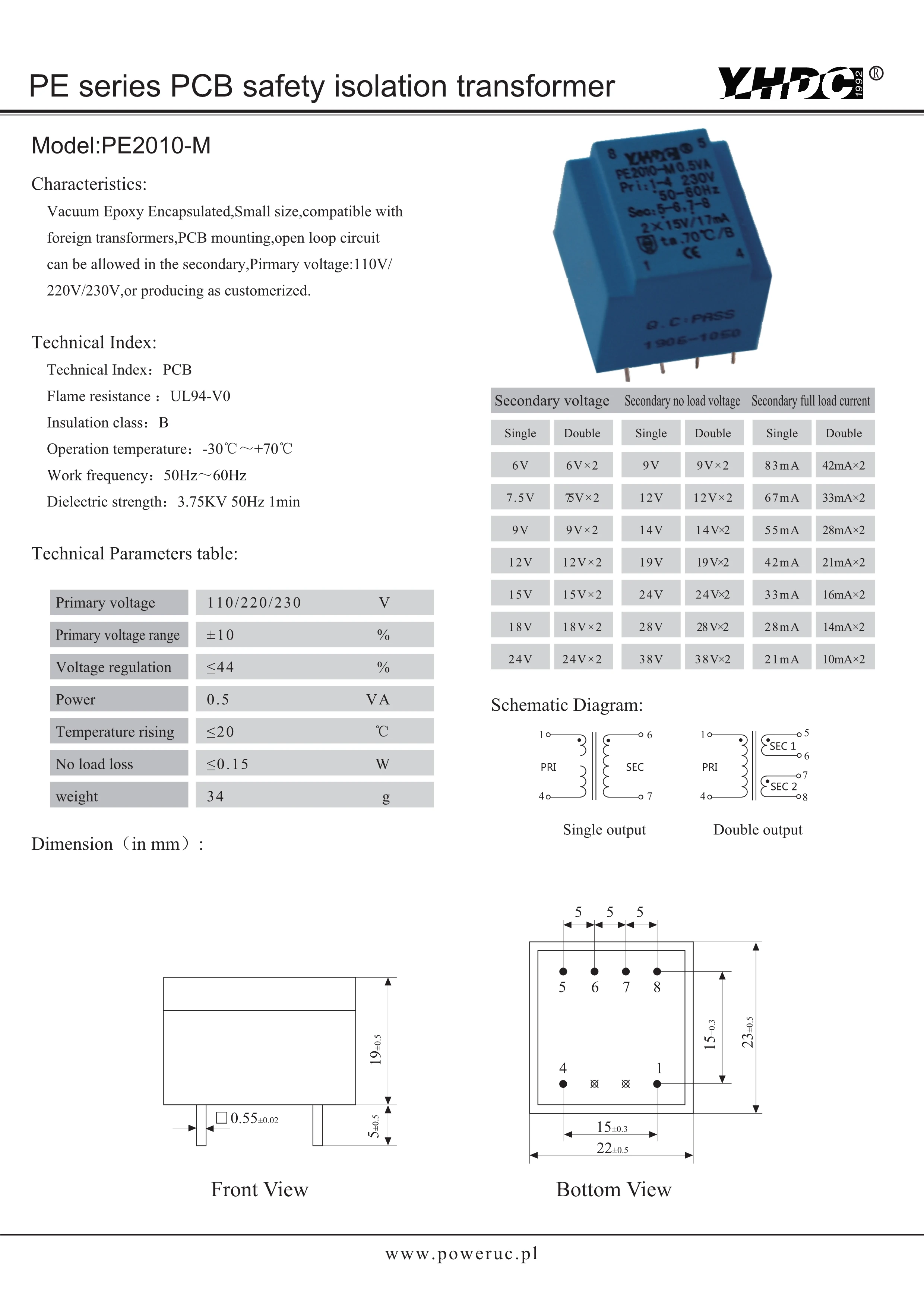 YHDC PE2010-M мощность 0.5VA 110В/12В инкапсулированный PCB монтажный Электрический силовой