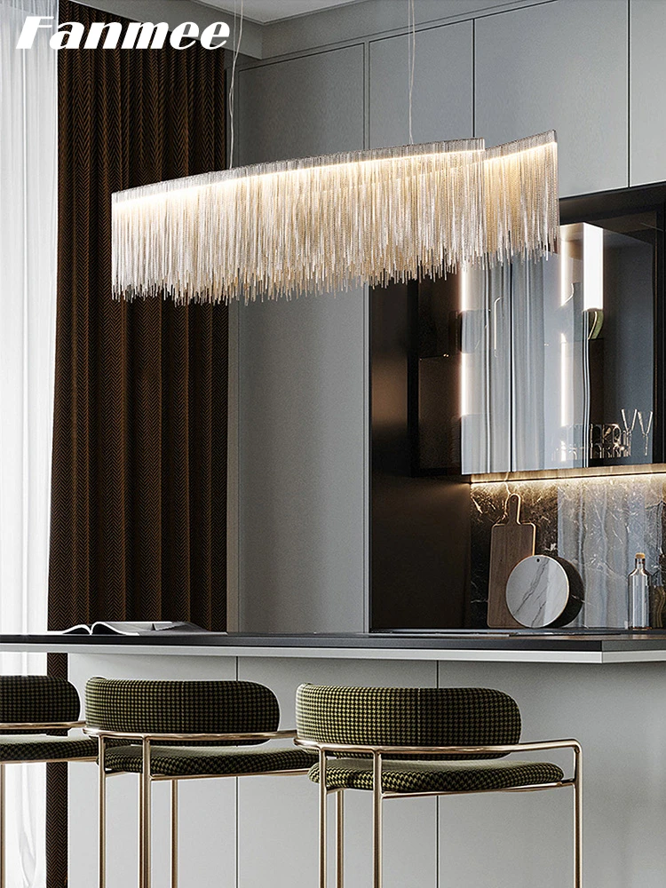 Lámpara de borla de estilo nórdico, colgante lineal de cadena de aluminio moderna, lámpara artística, decoración para sala de estar y comedor