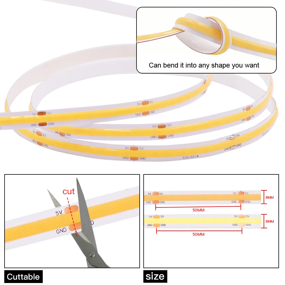 5V USB COB LED Strip Light Dimmable Touch Switch 320LED/m High Density Linear Lighting DC5V Power Flexible Tape Decor | Лампы и