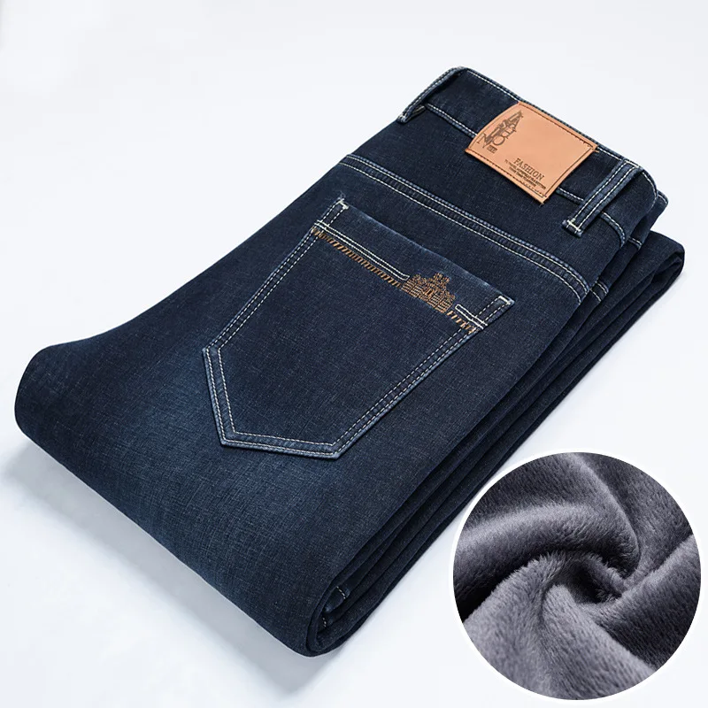 

Зимние Брендовые прямые флисовые толстые теплые джинсы классический значок Молодежные мужские деловые повседневные джинсы с высокой тали...