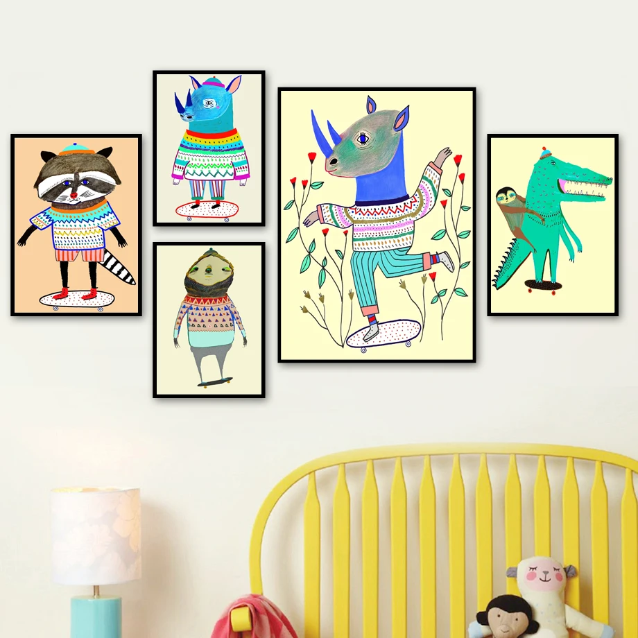 

Abstract Animal Dinosaur Raccoon Sloth Dog Rhino Wall Art Canvas Painting Nordic Poster And Prints Wall Pictures Kids Room Decor