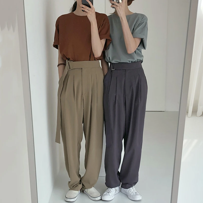 

Корейский шик простые плиссированные пояса Твердые свободные повседневные швабры карго широкие брюки женские брюки уличная одежда Pantalon ...