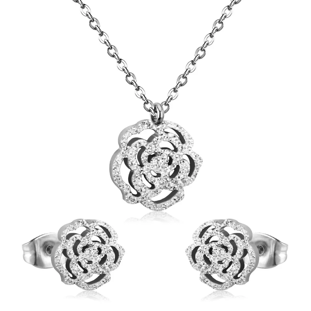 ASONSTEEL Bridal Jewelry Sets Stainless Steel Gold/Silver Color Romantic Flower Shape Pendants Charm Chain Necklace Earring Sets