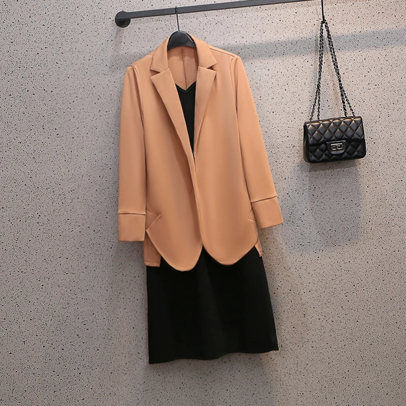 

Весенняя Новинка размера плюс, женские модные повседневные Тонкий комплект куртка-кардиган + платье на лямках, комплект из двух предметов т...