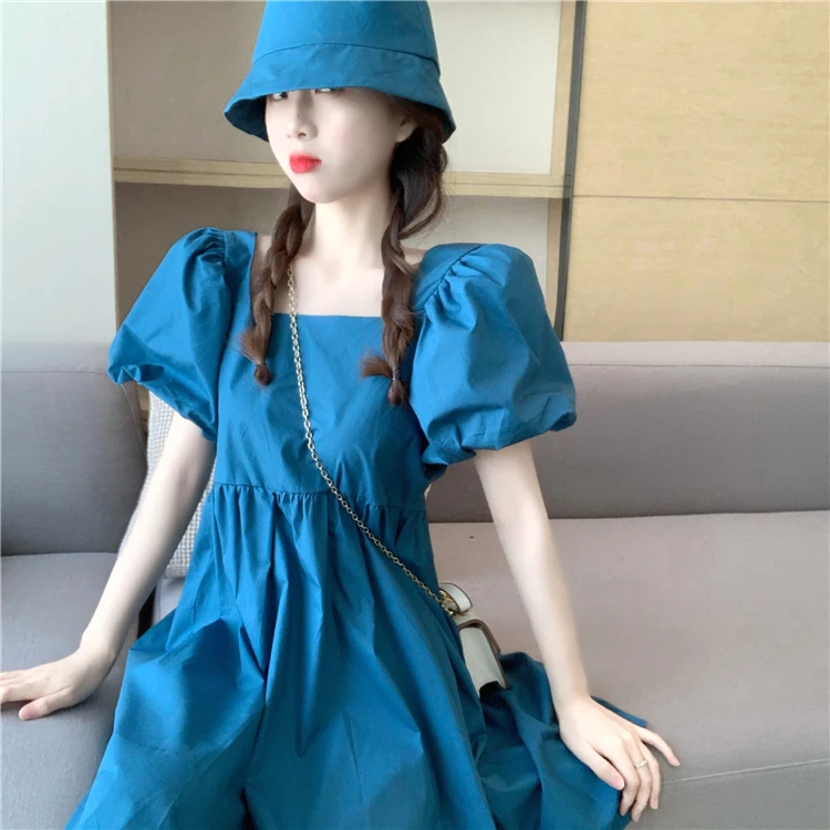 

Dress Women Summer Short-sleeved Square Neck Dress 2021 Sweet Candy Color Ladies Puff Sleeve Pullover Knee-length Dress + Hat