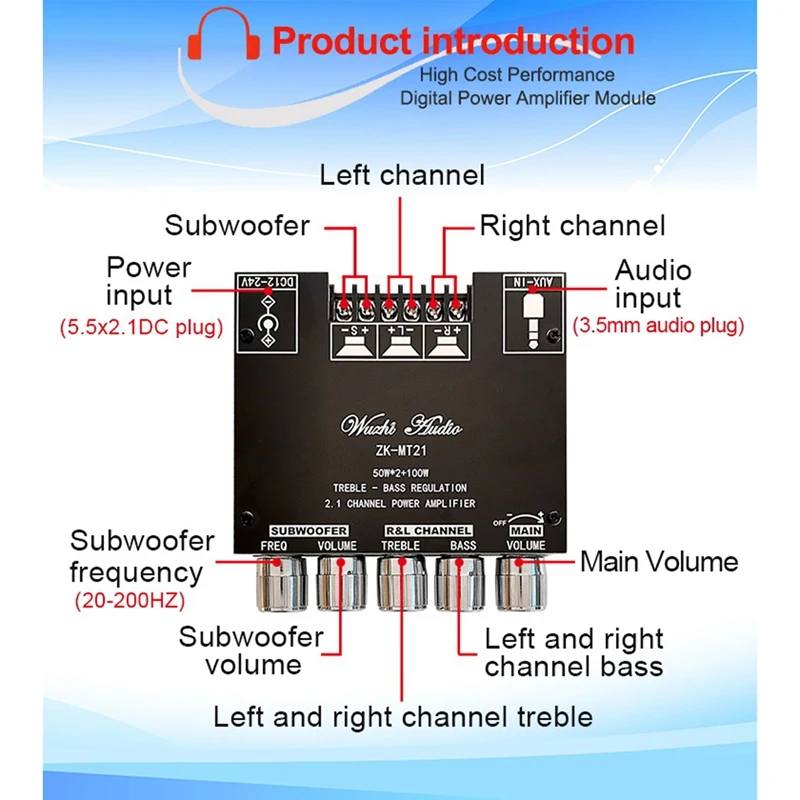 ZK MT21 2 1 канал Bluetooth 5 0 сабвуфер усилитель доска 50WX2 + 100W Мощность аудио стерео Бас AMP