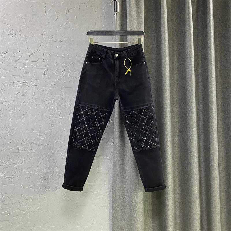 

Fashion Hot Drilling Jeans 2021 Autumn New Heavy High Waist Loose Black Jeans Women Stretch Skinny Denim Trousers Girls Jean