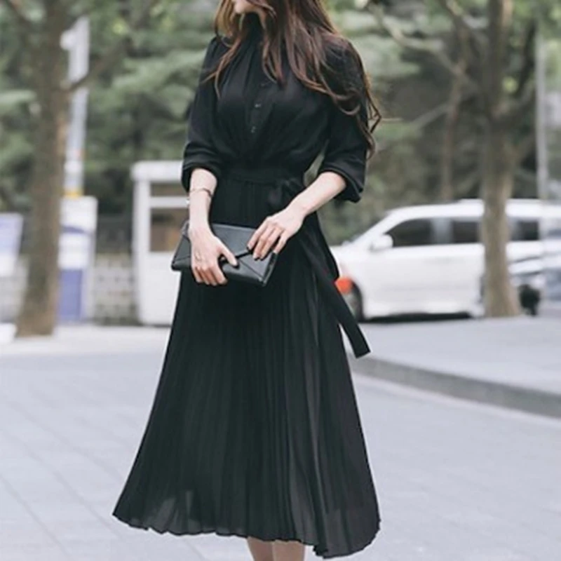 

Women's Dress Spring Pleated Fashion 2021 New Plaid Slim High Wasit Long Temperament Office Female Dresses Long Sleeve Casual