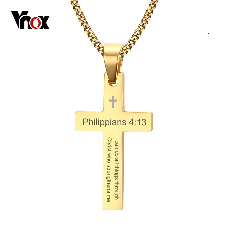 Gold Vnox, филиппианцы, 4:13, простой крест, подвеска для мужчин, ожерелье из нержавеющей стали, повседневные религиозные украшения, мужские ювелирные изделия, 24 дюйма, цепочка - Окраска металла: Gold