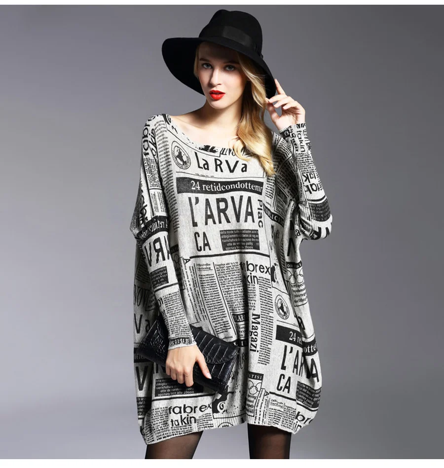 

New Style Women's Plus Size Loose Hedging Newspaper Printing Mid-length Knit Sweater Spring and Autumn Bottoming Sweaters
