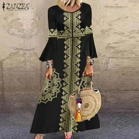 womens printed sundress zanzea 2021 kaftan spring dress casual 34 flare sleeve maxi vestidos female o neck robe