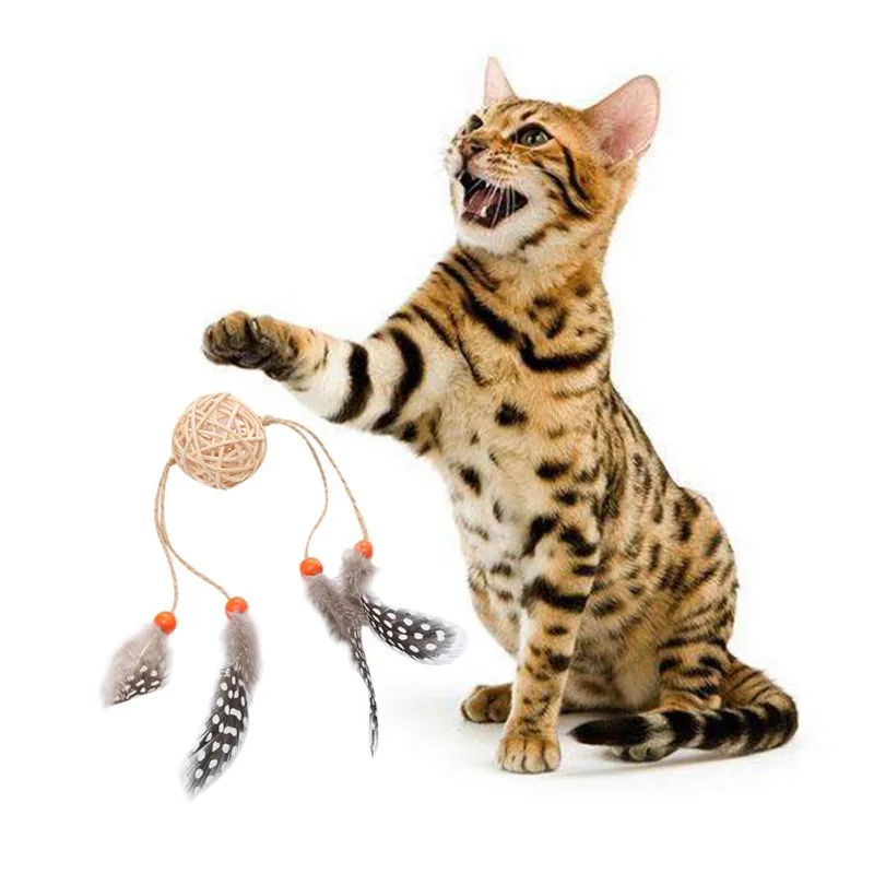 

Pet Cat Vine Ball Belt Feather Toy Ball Colorful Bead Plus Feathers Cat Toy Self-excited Interactive Toy L