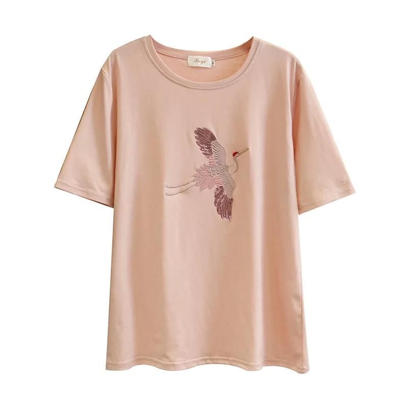 Женская летняя футболка с коротким рукавом женская вышивкой журавль блестками