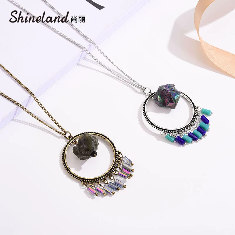 Shineland Трендовое многоцветное длинное из натурального камня ожерелье на цепочке