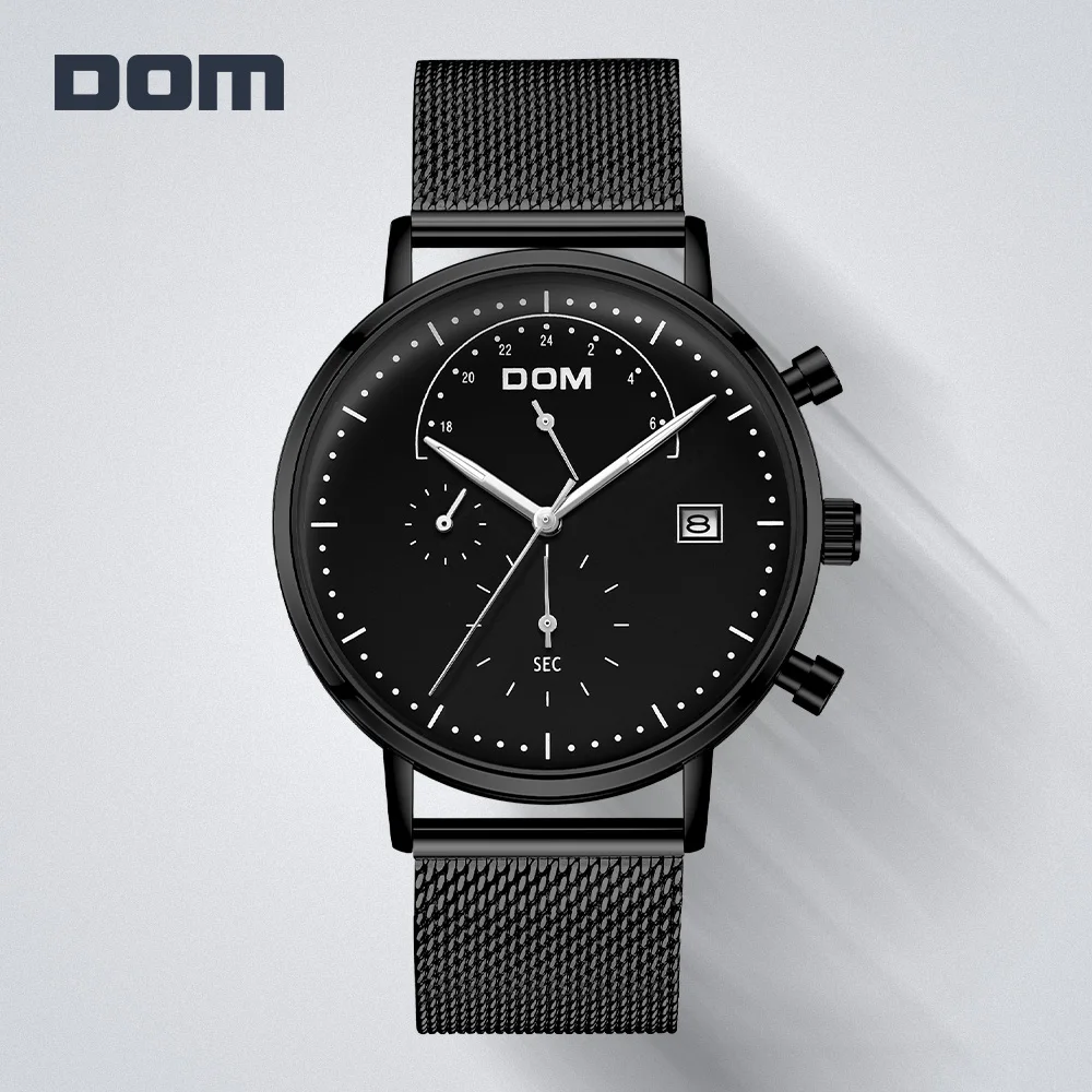 DOM Роскошные Брендовые мужские повседневные спортивные часы черные кварцевые