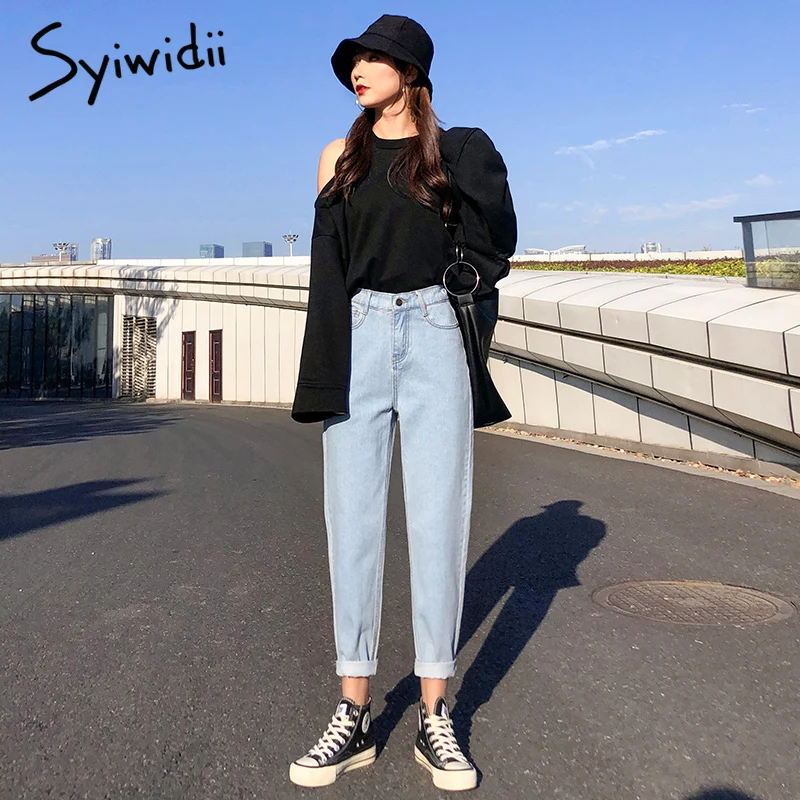 Джинсы Женские однотонные с эластичным поясом батальных размеров|Джинсы МОМ| |