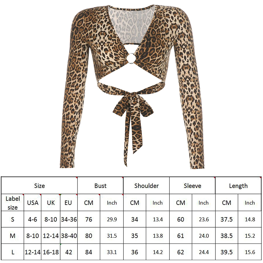 

Women Autumn Slim Short T-Shirt V-Neck Long Sleeve Leopard Print Crop Sexy Streetwear Female Backless Lace Up Cropped Tshirt