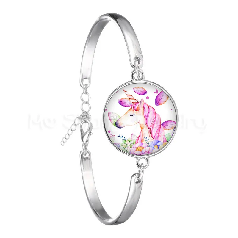 

Cute Unicorn Fly Horses Glass Cabochon Bracelet Jewely Best Gift for Kids Boy or Girl Silver Color Animal Bangle