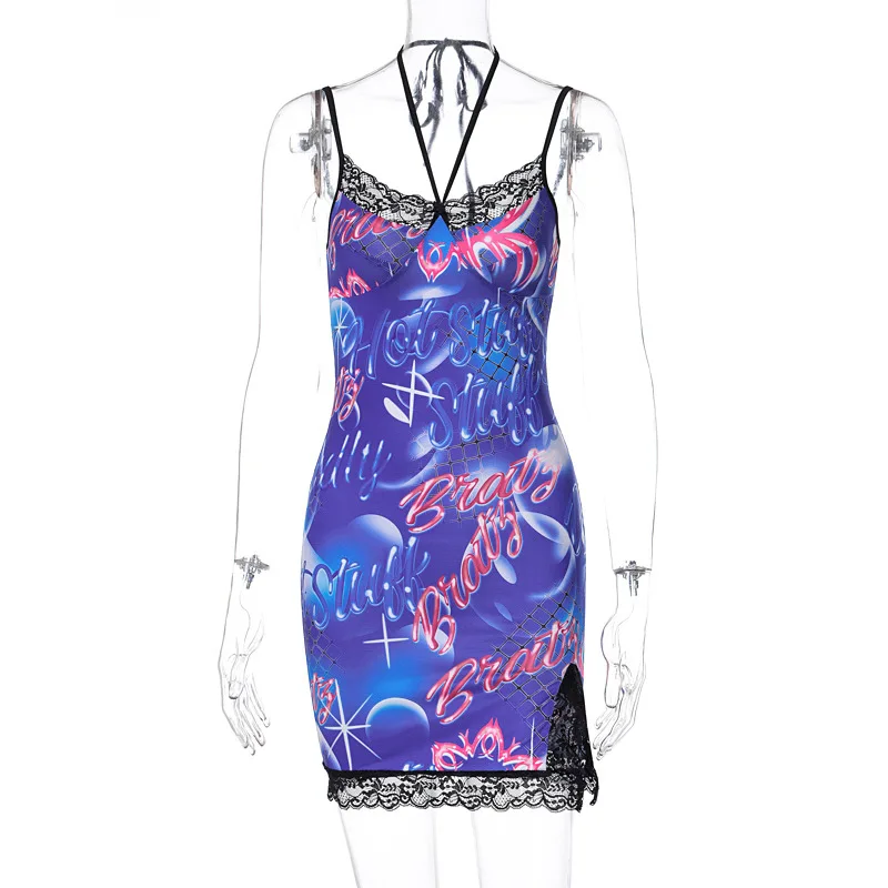

Missme Lace Blue Halter Dress Bandage Strap Lace Patchwork Letter Print Y2k Dress Sexy Party Club Dresses Summer 2021 Streetwear