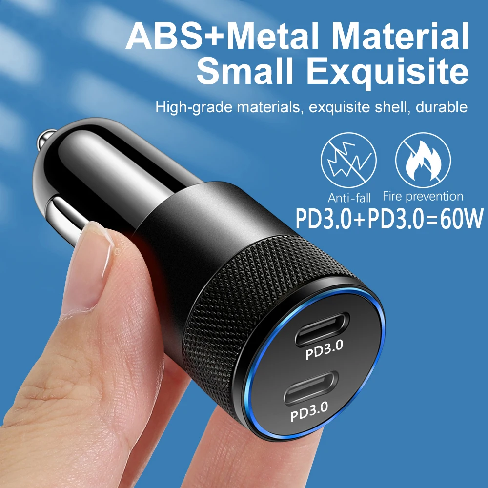 Автомобильное зарядное устройство 2 порта USB C 60 Вт для iphone 13 12 11 Pro Max Samsung Galaxy Note20