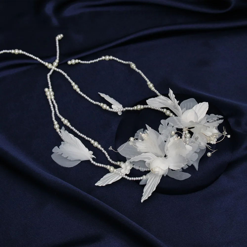 Женский обруч для волос с жемчужинами, белый обруч для волос с цветком и цепочкой, свадебные аксессуары для волос