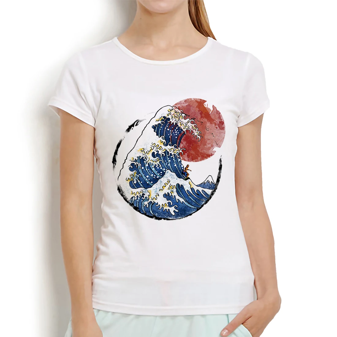 

Футболка женская в стиле ретро, японская рубашка в стиле укиё, с рисунком восхода и Великой волны, белая Повседневная Милая Винтажная футбол...