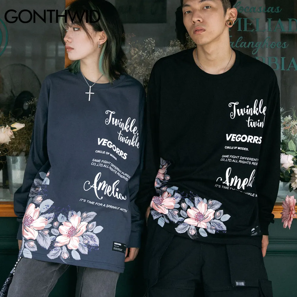 

GONTHWID Long Sleeve Tees Shirts Streetwear Hip Hop Loose Flowers Print Tshirts Mens Women Harajuku Casual Cotton Floral Tops