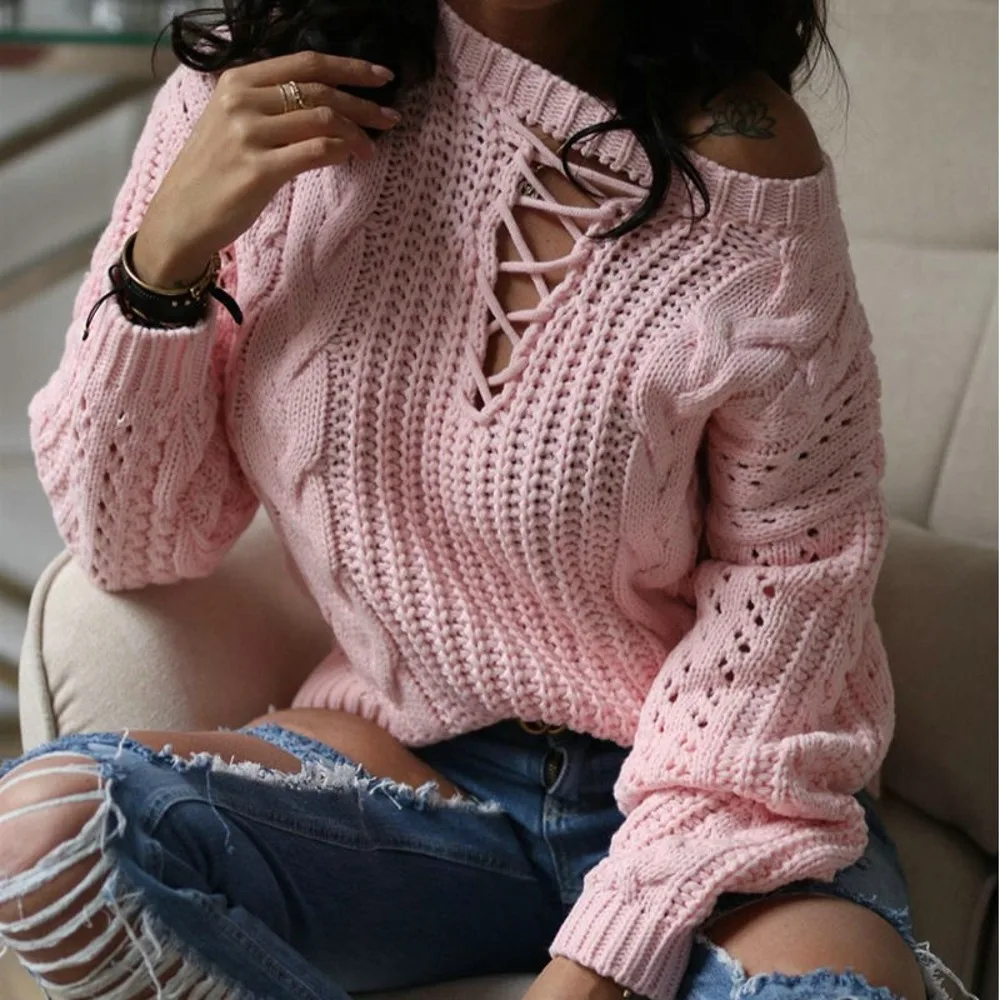 

Oeak 2021 New Sexy Knitted Sweater Women Off Shoulder Long Sleeve Autumn Pullover Casual Solid Hollow Out Tops Sweaters