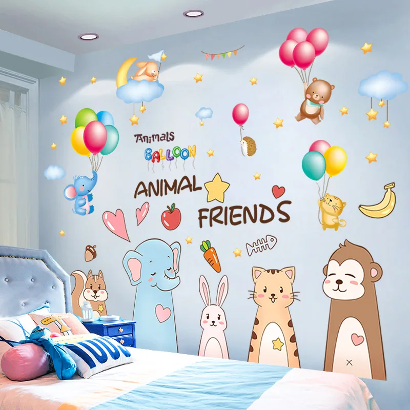 

Cartoon Animals Wall Stickers DIY Balloons Clouds Stars Wall Decals for Kids Room Baby Bedroom Children Nursery Home Decoration