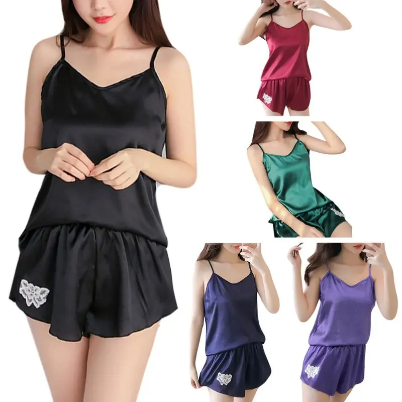 

67JF Womens Sexy Faux Silk Sleeveless Camis Pajamas Set Flower Embroidery Sleepwear