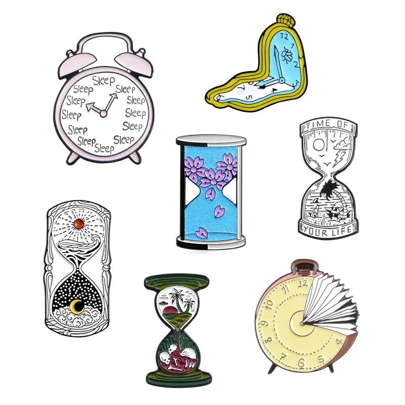 Мультфильм синий песочные часы Эмаль булавки Пользовательские будильник брошь