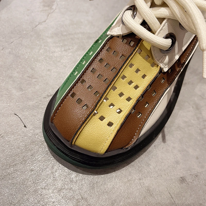 

Single Shoe Women New Muffin National Style Leather Heightening Footwear Retro Thick Sole Contrast Color Hollow Out Hole Sandals