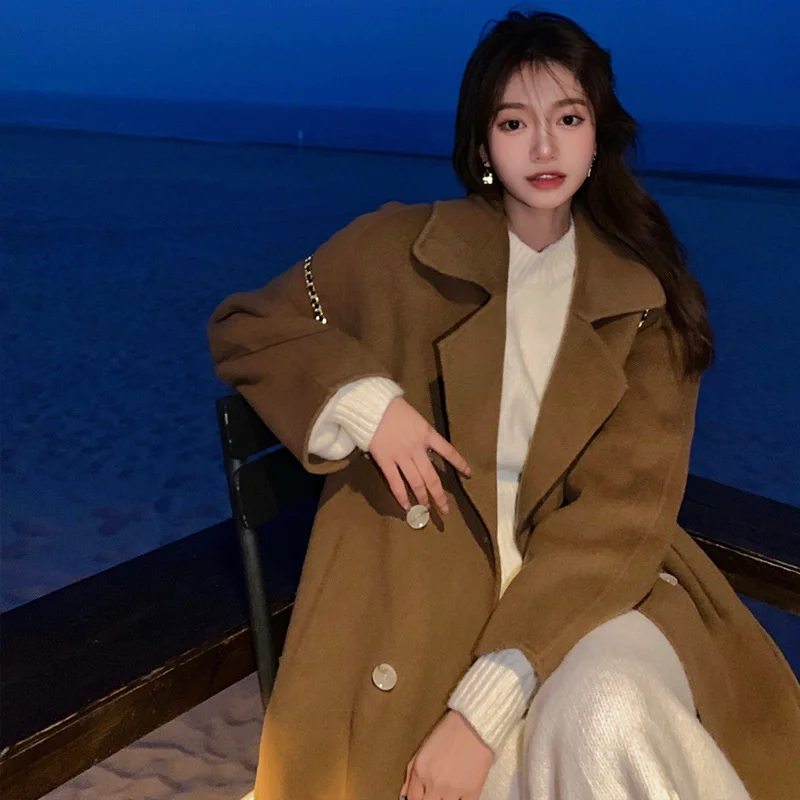 

CMAZCMAZ 2021 New Small Mid-Length Woolen Coat Gentle Hepburn Style White Woolen Coat for Women Autumn and Winter