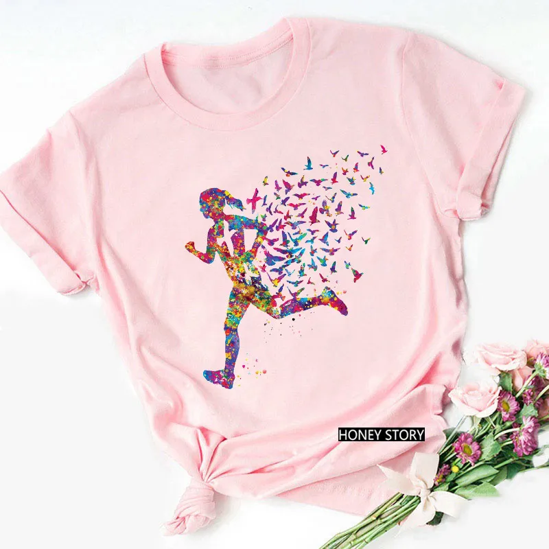 

Watercolor Running Girl Butterfly Print Tshirt Women T Shirt Femme Summer Pink T-Shirt Female Streetwear Tops 30589