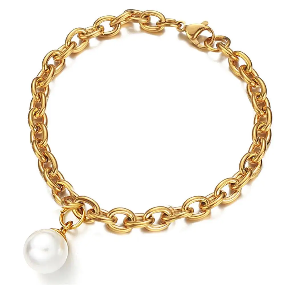

Kpop Imitation Pearls Charm Bracelet Gold Silver Color Stainless Steel Chain Bracelets for Women Jewelry female 2020