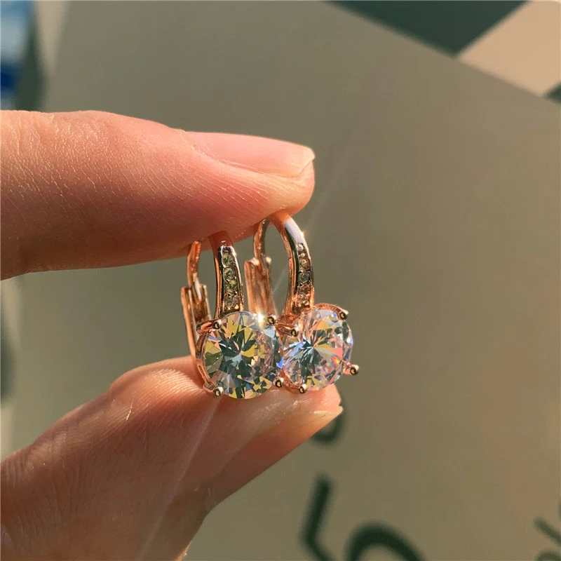 

Crystal Female Rainbow Round Earrings Rose Gold Silver Color Clip Earrings For Women Vintage Small Zircon Wedding Earrings