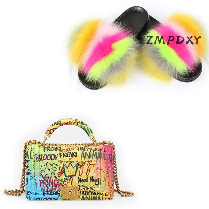 Женские шлепанцы из натурального Лисьего меха комплект сумочки и обуви женские