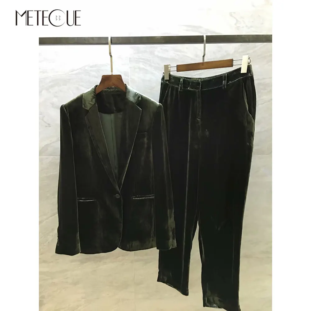 Мода Velvor Блейзер наборы для женщин темно зеленый 2019 осень зима Модные женские