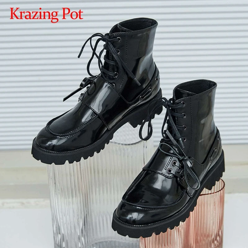 

Krazing pot short boots split leather butterfly-knot sweet girls maiden round toe thick med heel lace up preppy ankle boots L63